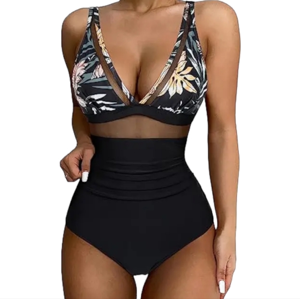 One Piece Swimsuit Floral Deep V Neck Monokini Summer Beach Swimwear